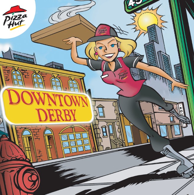 A cartoon of a woman skateboarding down the street.